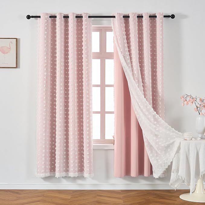 Cute Pink Blackout Curtain for Girls Room 63 Inches Long 1 Panel Thermal Insulated Double Layer Curtains Pom Pom Overlay Boho Light Blush Darkening Nursery Curtains & Drapes 63 Inch Length