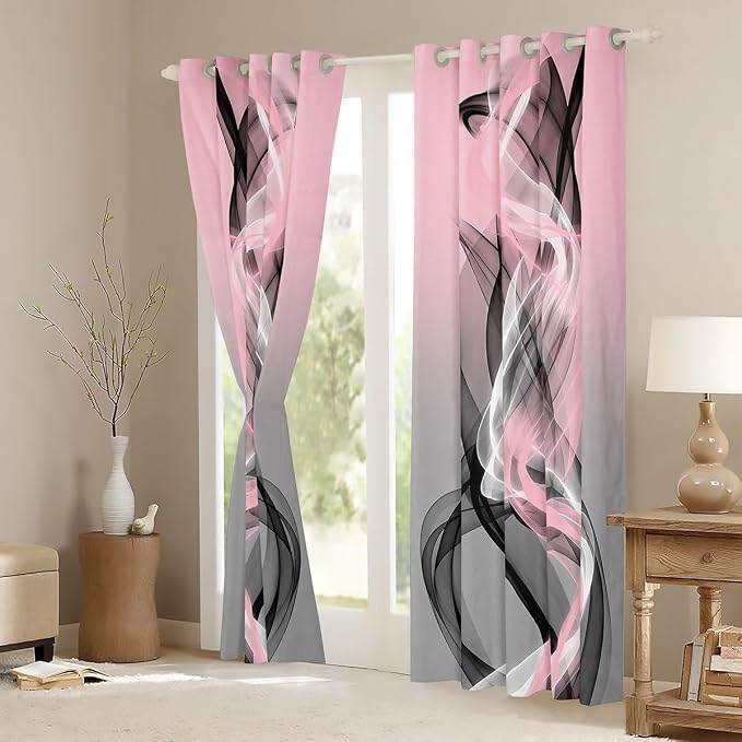 jejeloiu Pink and Black Blackout Curtains Abstract Darkening Drapes for Bedroom Living Room Decor Strip Lines Thermal Insulated Shades Geometric Modern Window Treatments,2 Panels 42 x 90 Inch