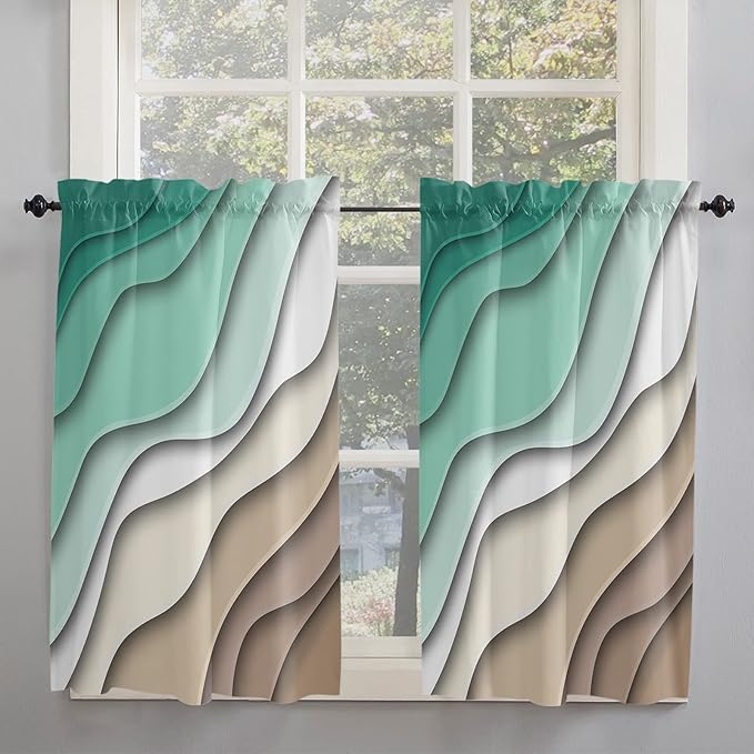 54 Inch Long Tier Curtains for Kitchen, Abstract Geometric Green Brown Gradient Waves Beach Bathroom Window Curtains Rod Pocket Short Curtains Window Treatment Tiers for Living Room 2 Panels