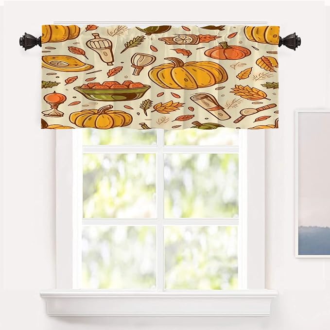 Shrahala Thanksgiving Seamless Pattern Blackout Short Curtains for Windows, Pumpkin Apple Pear Leaves Kitchen Valance Thermal Insulated Rod Pocket Window Treatment for Bathroom 52 X 18 in