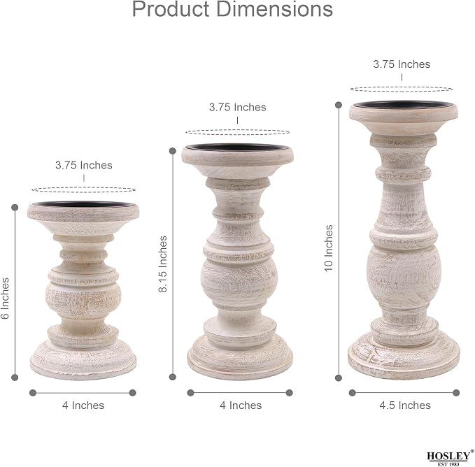 Hosley Set of 3 Whitewashed Wooden Pillar Candle Holders – 10”, 8”, and 6” Heights – Ideal for LED and Pillar Candles, Weddings, Parties, Home Décor, Spa, Reiki, and Aromatherapy