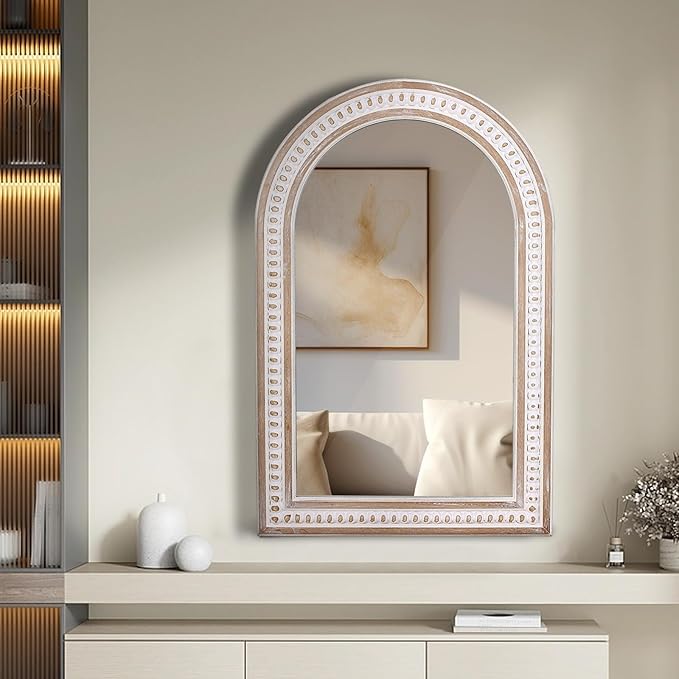 36x24 Inch Arched Wall Mirror, Rustic Farmhouse Arch Mirror for Bathroom | Raised Bead Detailing Adds Boho Character Above Sinks, Vanities, Consoles, Dressers, Mantels, or Sideboards