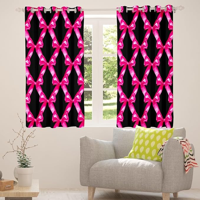 Erosebridal Rose Pink Bow Window Curtain for Kids Teen Women,Bowknot Girls 38" Wx45 L Curtain Dreamy Princess Bow Tie Window Treatments Geometric Patchwork Bowknot Black Curtains & Drapes