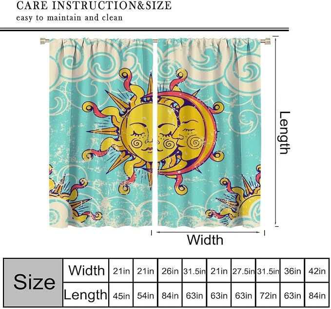 Retro Bohemian Sun Moon Blackout Curtains, Boho Sun Moon Stars Art Rustic Farmhouse Window Drapes, for Living Room Bedroom 42x54in 2 Panels