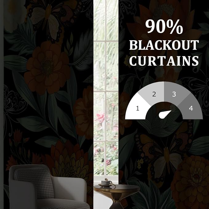 Orange Boho Floral Blackout Curtain, Mid Century Vintage Flower Botanical Curtains, Dark Aesthetic Art Grommet Drapes 2 Panels, Farmhouse Bedroom Living Room Decor 52X84 Inch