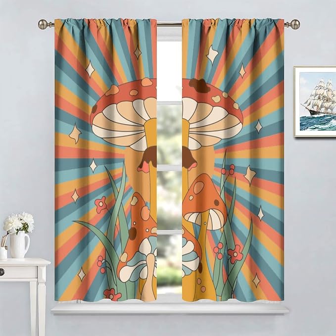 Boho Mushroom Curtains, 1970s Retro Sunset Rainbow Boho Herbs Flowers Blue Yellow Abstract Geometric Print Blackout Window Drapes for Kids Bedroom Living Room 84x84in