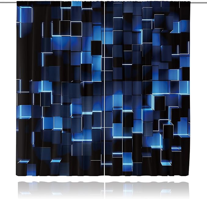 MESHELLY Abstract Blue Black Curtains 42Wx63H Inch Rod Pocket Modern 3D Gradient Design Futuristic Geometric Cubes Bedroom Window Drapes Man Boys Printed Living Room Window Treatment Fabric 2 Panels