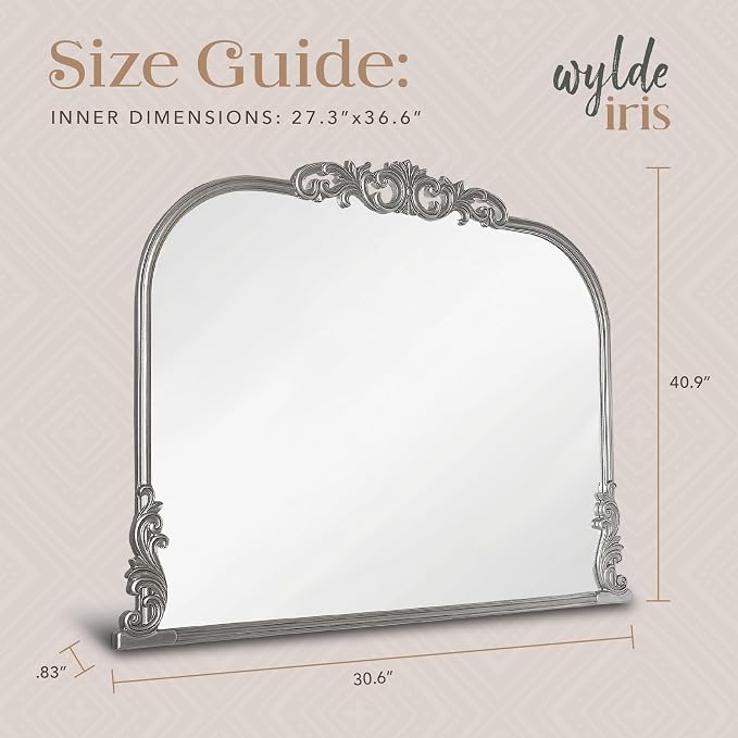 Wylde Iris English Estate Carved Arch Wood Wall Mirror, Mirror for Entryway, Living Room, Bathroom, Antique Silver, 30.6x41