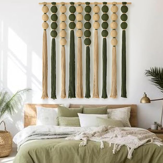 Macrame Wall Hanging Large Boho Wall Decor Natural Green Jute Sphericity Cotton Textile Wall Hanging Geometric Art Fiber Yarn Art Handmade For Living Room Bed Room Apartment Wedding Party 39" Wx39" L