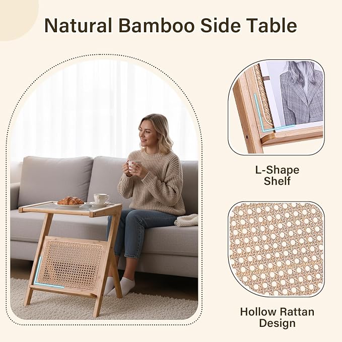 Tiita Rattan Side Table, Mid Century Nightstand, Bamboo Accent Bedside Tables, Glass Coffee Tables, Boho Wooden End Table with Storage for Small Space, Living Room and Bedroom