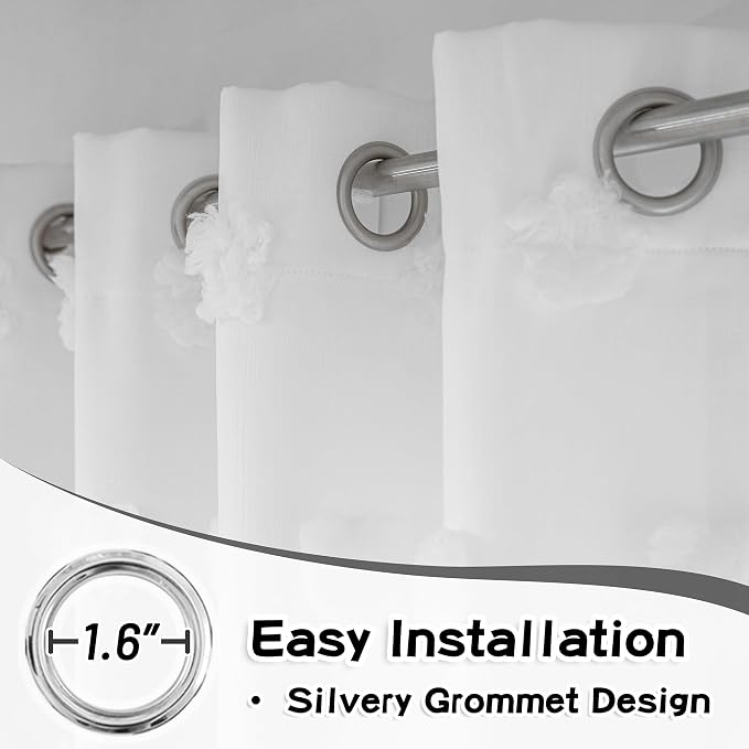 MYSKY HOME Curtains for Living Room and Bedroom - White Pom Pom Sheer Window Panels, 95 Inch Length, Room Darkening, Double Layer, Grommet, Extra Long