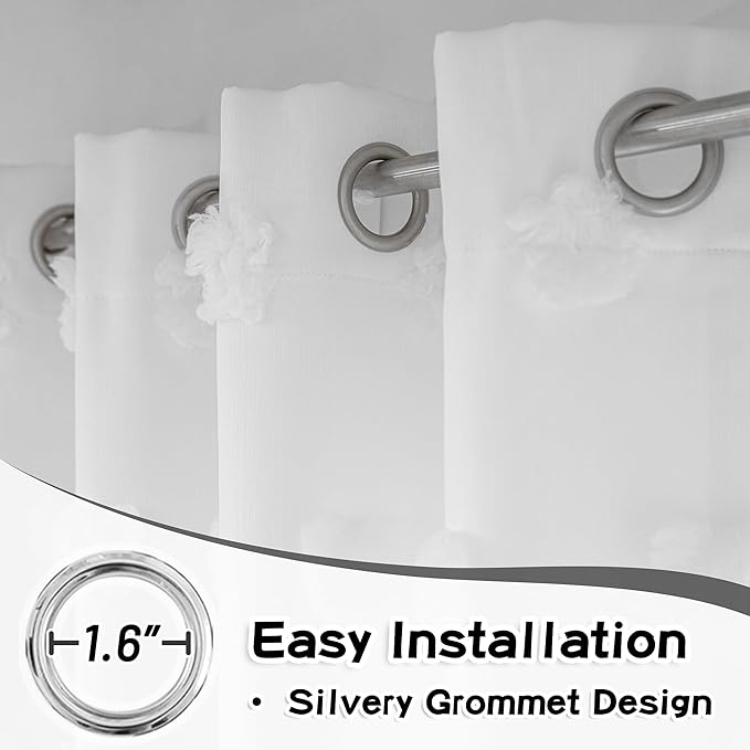 MYSKY HOME Light Blocking White Curtains for Living Room White Sheer Pom Pom Kids Room Decor Drapes 102 Inches Long Double Layer Curtain for Sliding Door Grommet Window Panels Set of 2 52" x 102"
