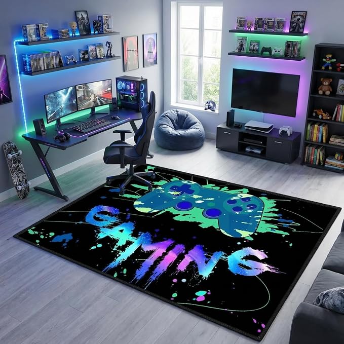Gamer Rugs for Bedroom Boys, Colorful Video Gaming Gamepad Carpet Decor Boys Room, Blue Gaming Rugs for Bedroom Living Room Playroom Decor 2'5"x4'
