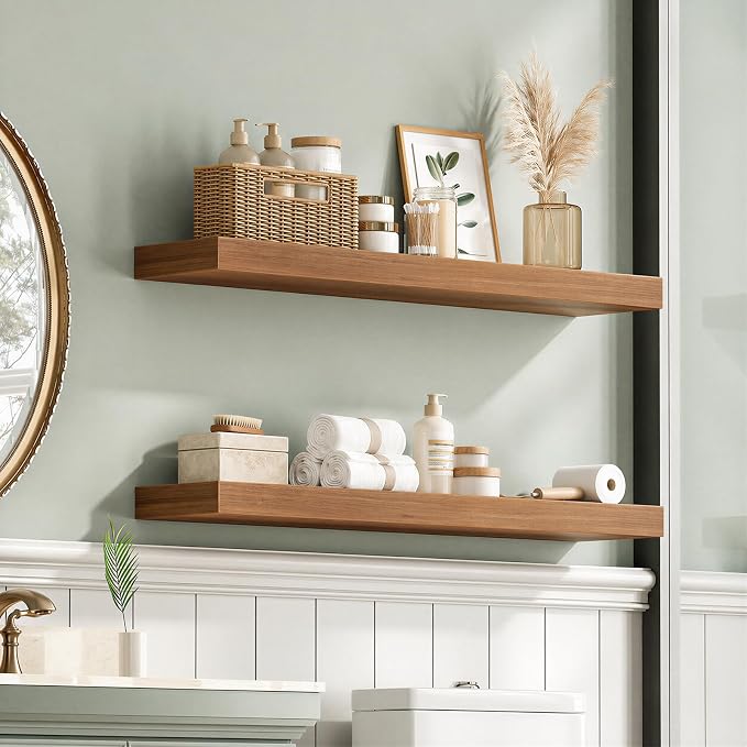 HOOBRO 31.5" Floating Shelves for Wall, Set of 2 Wall Mounted Shelf | Hanging Shelf with Invisible Brackets, for Wall Decor Storage in Bathroom Bedroom Kitchen Living Room Office, Walnut