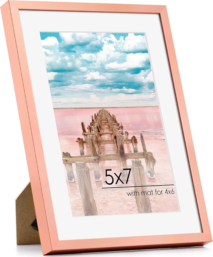 FLYJOE 5x7 Picture Frame | 5x7 Metal Frame With Mat For 4x6 | 5 x 7 Aluminum Photo Frame | Plexiglass And Hanging Hardware Included | 5 By 7 Picture Frame | Rose Gold