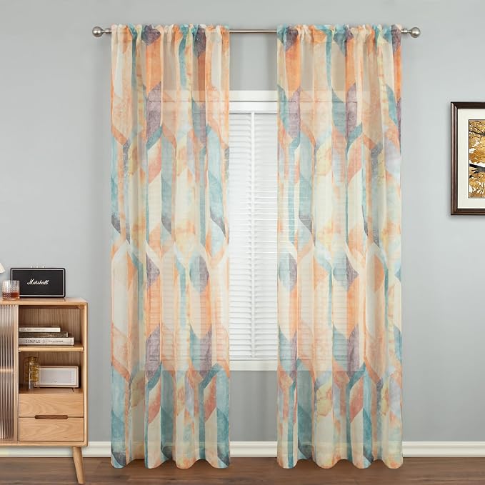 Leeva Airy Sheer Curtains 84 inches Long 2 Panels Set, Rod Pocket Orange Geometry Print Pattern Voile Sheer Drapes for Living Room Bedroom, 52" W x 84" L