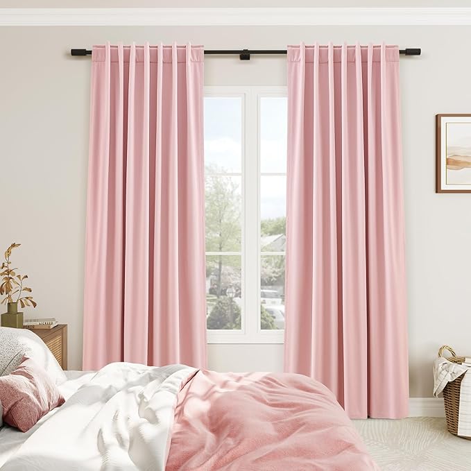 Joywell 100% Blackout Linen Curtains 108 Inch Long for Girls Bedroom Nursery Large Window Pink Black Out Curtain Back Tab Rod Pocket Thermal Insulated Drapes for Kids Room 2 Panels,52 x 108