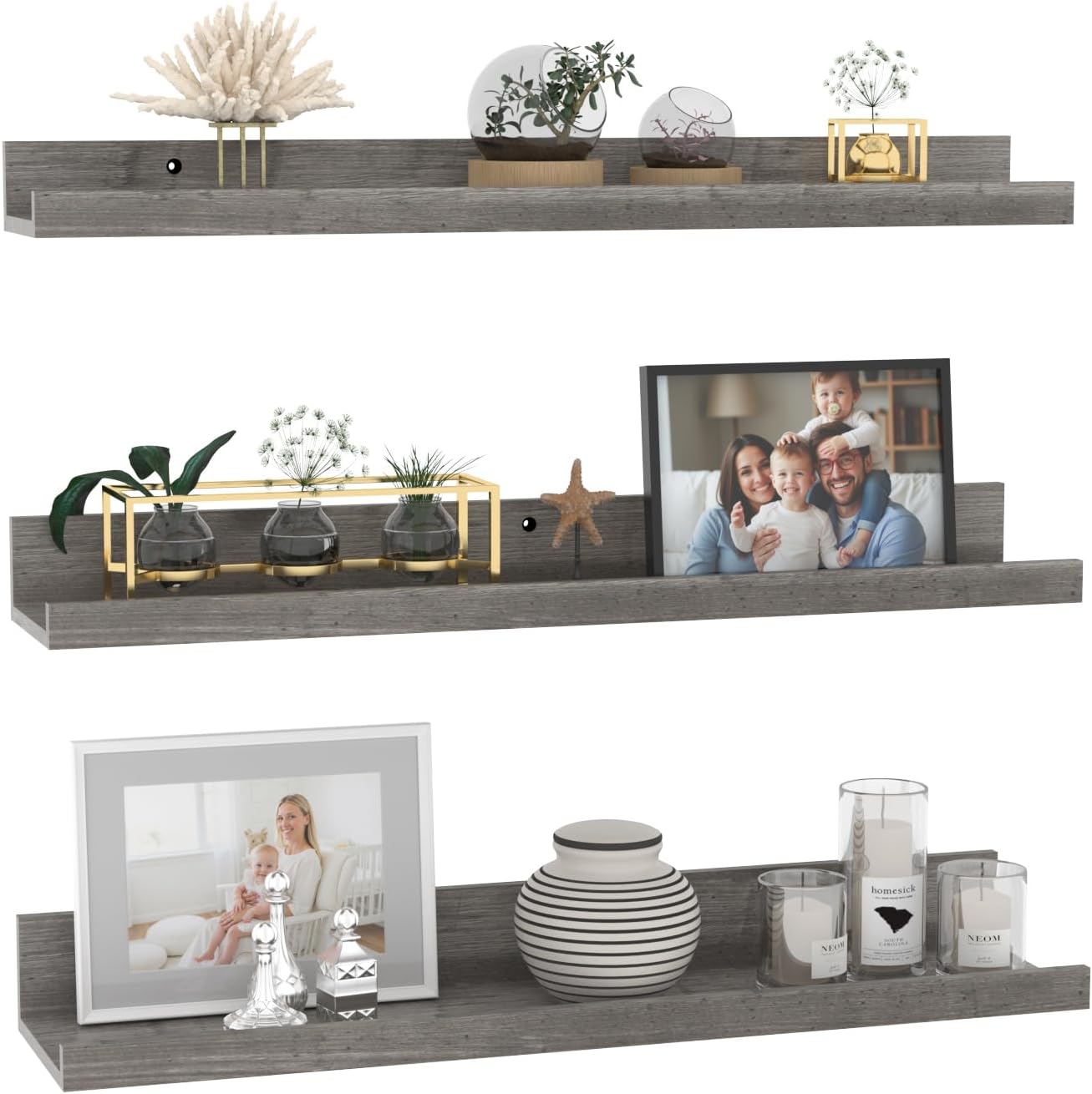Giftgarden 24 Inch Grey Floating Shelves for Wall Mount, Gray Wood Wall Shelf Ledge for Bathroom Bedroom Living Room Kitchen Storage, Set of 3 Different Sizes