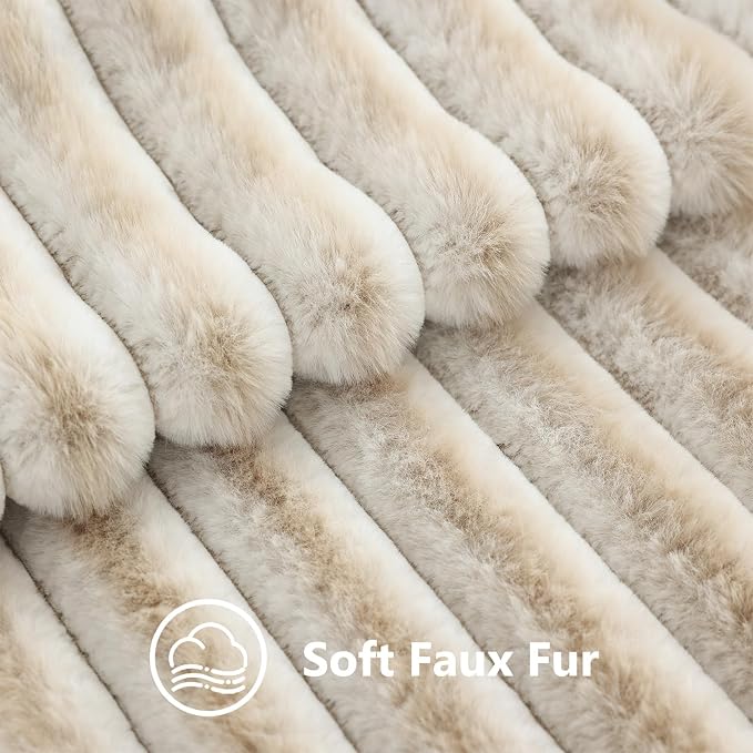 decorUhome Fall Cozy Faux Fur Throw Pillow Covers 20x20 Set of 2 Decorative Soft Plush Striped Modern Farmhouse Boho Couch Pillow Cases with Velvet Back for Sofa Bed Living Room, Beige White