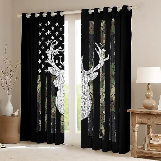 American Flag Curtains For Bedroom,Deer Hunting Window Curtains Army Green Military Camo Window Drapes 42"Wx63"L For Living Room,Western Farmhouse Stars Stripes Window Treatments 2 Panel Set