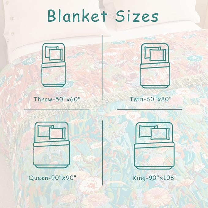Boho Throw Blanket - 60"x80" 100% Cotton Ultra Soft Lightweight Spring Blanket, 4-Layer Breathable Muslin Blankets for Bed Couch, Reversible Green Floral Printed Bohemian Cotton Quilt