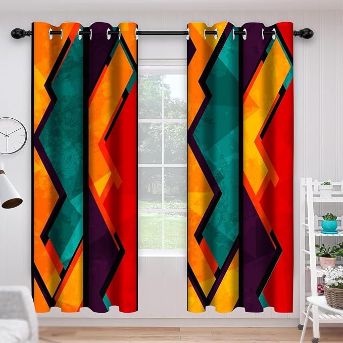 Colorful Abstract Blackout Window Curtains, Geometric Red Orange Cyan Pattern Aesthetic Art Living Room Bedroom Decor Thermal Curtain Darkening Grommet Window Drapes Treatments, 2 Panels 52x63 Inch