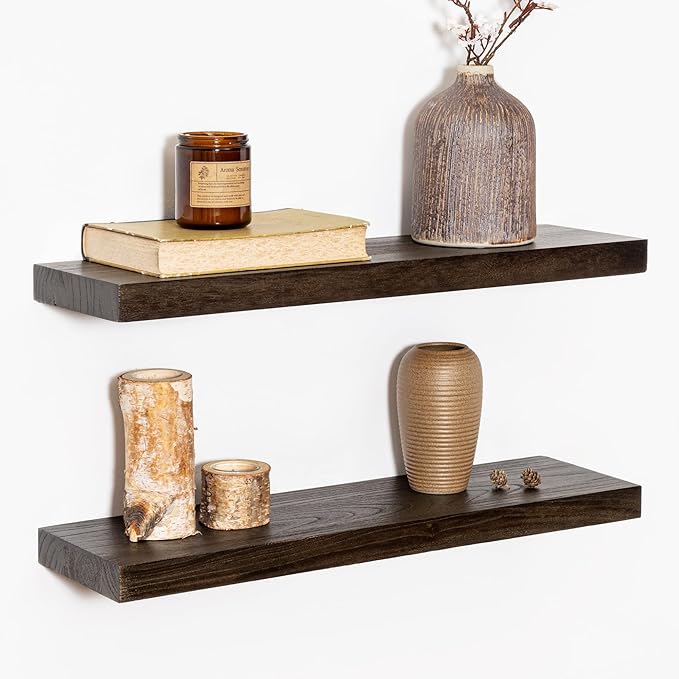 Fun Memories Wood Floating Shelves 24 Inch Long, Rustic Elm Wood Wall Shelves for Farmhouse, Living Room, Kitchen, Wall Mounted Bathroom Shelf Floating Shelf with Invisible Bracket Set of 2, Walnut