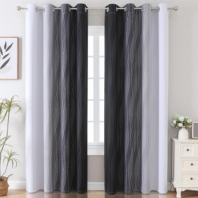 Estelar Textiler Thermal Insulated Blackout Curtains for Bedroom, Ombre Black and Greyish White Blackout Drapes for Living Room, Gradient Full Light Blocking Energy Saving Curtains, 52Wx96L, 2 Panels