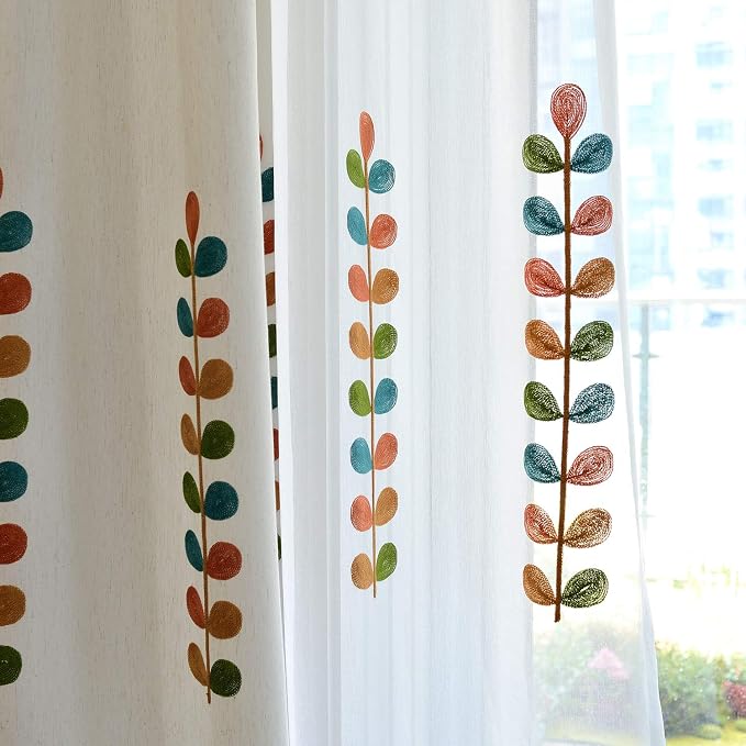 VOGOL Sheer Curtains 96 Inches Long, Colorful Leaves Embroidered Semi Sheer Rod Pocket Drapes for Living Room/Bedroom, 52 X 96, 2 Pieces