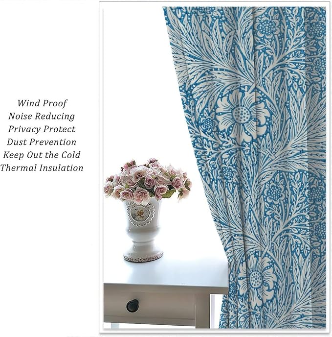 Bohe Vintage Floral Blackout Windows Curtains, William Morris Original Design Blue Flower Pattern Rod Pocket Curtains, for Living Room Bedroom 21(W)*45(L) 2 Panels