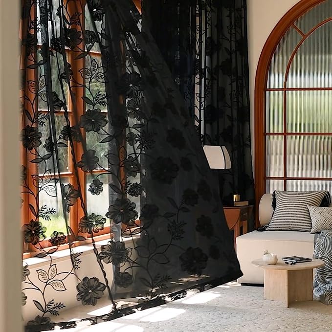 Treatmentex Black Sheer Lace Curtains for Bedroom Living Room Studio 102inch Long Vintage Rose Floral Embroidered Semi Sheer Curtain Panels Privacy Leaf Sheer Drapes with Scalloped Edge 54" w 2pcs