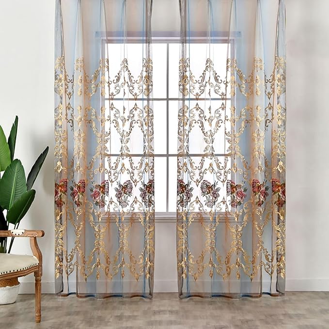 NAPEARL Luxury Embroidered Curtains for Living Room, European Style Curtain Drapes with Floral Patterns Pull Pleated Tape (52W x 96L, Floral 1)