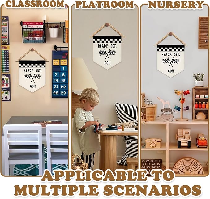 Boys Room Wall Art Decor, Race Car Room Decor for Boys, Race Car Checkered Boho Wall Hanging Display Pennant Flag for Kids Boy Nursery Toddler Room Bedroom Playroom