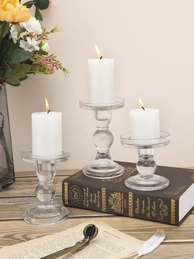 Lewondr Glass Candle Holders, 3 Pieces Crystal Clear Candlesticks with Elegant Design for Pillar Taper Candle and Tea Light, Home Table Living Room Wedding Party Decorations Home Décor - Clear