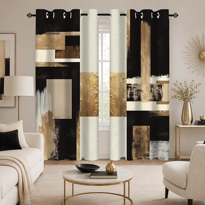 Boho Black Gold Abstract Blackout Curtains, Modern Oil Aesthetic Neutral Contemporary Beige Darkening Thermal Insulated Grommet Light Blocking Drape Decor, 52 x 96 Inch Long 2 Panels