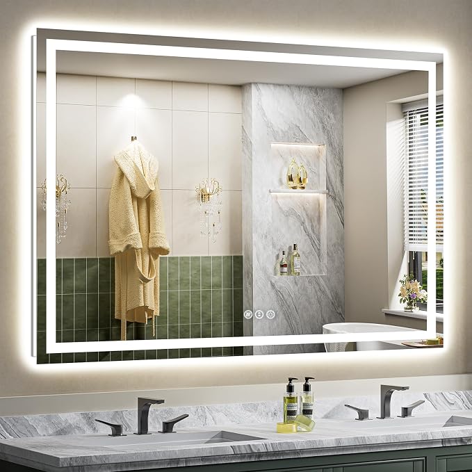 Briivue 66x40 Inch LED Bathroom Mirror with Lights, Backlit & Front Lit, Anti-Fog Lighted Bathroom Vanity Mirror for Wall, Memory Function, Dimmable, HD Tempered Glass, Shatter-Proof