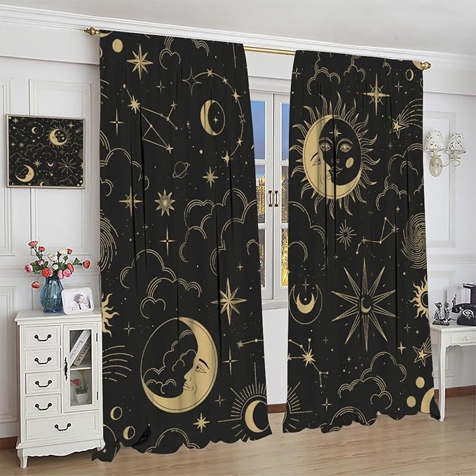 Sun Moon Blackout Curtains, Bohemian Art Theme Sky Sun Moon Gold Print Rod Pocket Window Treatment Drapes for Bedroom Living Room 84" W X 84" L