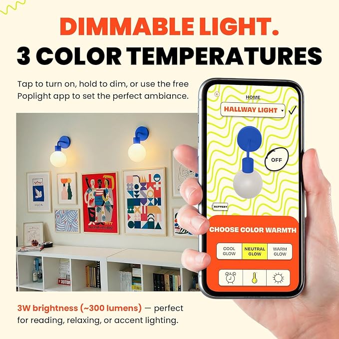 Poplight Wireless Wall Sconce (Shark Tank) Rechargeable & Dimmable LED Light w/App Control & Damage-Free Install, Moveable Modern Ambient Lighting for Elegant Home & Bedroom Decor | Blue