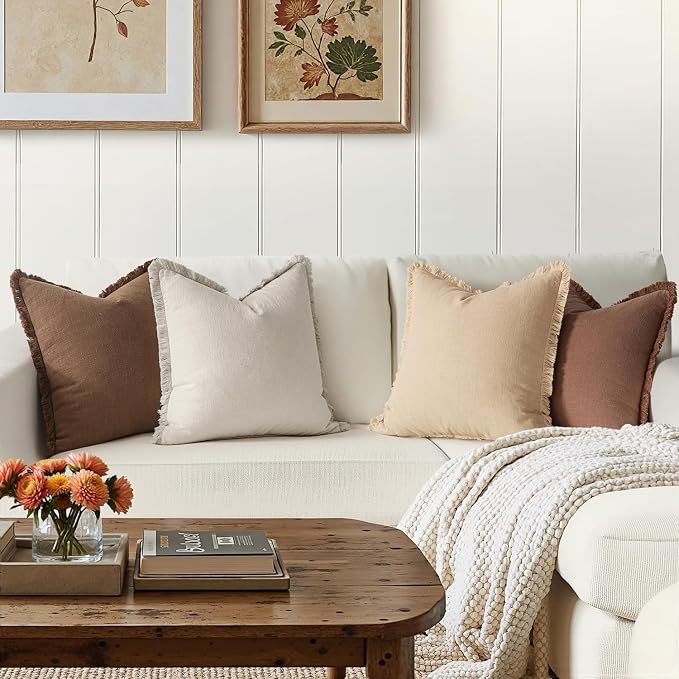 MIULEE Decorative Couch Pillow Covers Neutral Linen Fringe Throw Pillows Set of 4 Accent Rustic Cushions Boho Farmhouse Pillowcases for Bed Sofa Living Room Spring Home Decor 22x22 Inch Beige/Brown