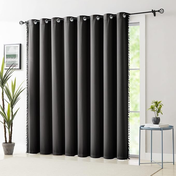 Sliding Door Curtains Black with Pom Poms 100% Full Blackout Curtain Panels for Living Room Bedroom Room Divider Energy Efficient Extra Wide Window Drapes Grommet Top 100"W x 84"L 1 Panel