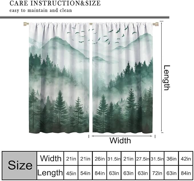 Watercolour Forest Curtains, Green Nature Forest Valley Misty Fresh Flying Birds Landscape Windows Treatments Drapes for Kids Boys Girls Living Room Bedroom 42x45in（No Blackout）