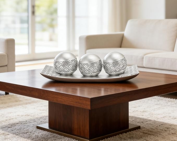 Silver Decorative Orbs with Tray Set, 3Pcs Resin Decorative Balls with Tray, Modern Accent Sphere for Coffee Table, Dining Table, Living Room, Entryway