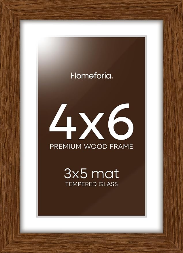 Homeforia 4x6 Brown Picture Frame, High End Dark Oak 4x6 Wooden Frames with Mat 3x5 Photo, 4 x 6 Walnut Wood Frame Matted to 3 x 5 Print, 4 x 6 Wall or Tabletop Frame, Tempered Glass, Wall Kit, Set of 2