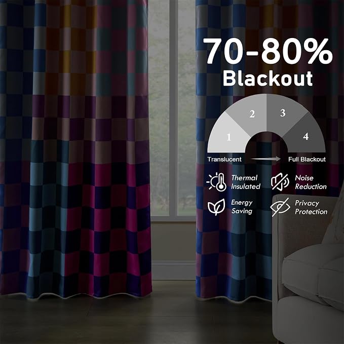 RoomTalks Multicolored Checkerboard Blackout Window Curtains for Bedroom Living Room 96 Inches Length 2 Panels, Mid Century Modern Aesthetic Curtain Panels Colorful Vibrant Checkered Window Drapes
