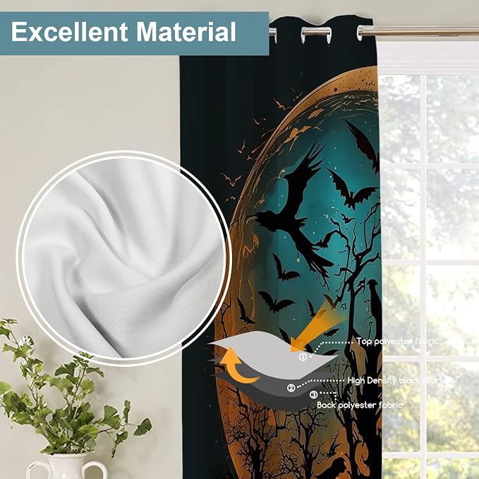 Shrahala Happy Halloween Funny Thermal Insulated Blackout Window Curtains, Yellowish Blue Moon Trees Bird Long Drapes for Bedroom/Living Room with Plastic Grommet, 52X84 Set of 2