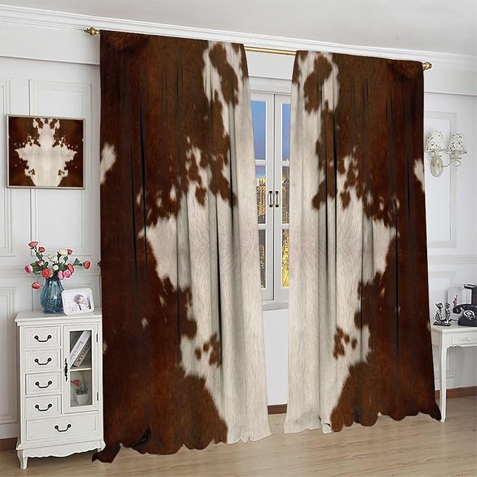 Cowhide Blackout Curtains, Rustic Farm Brown White Cowhide Animal Fur Western Rod Pocket Curtain Window Treatments 2 Panels Drapes for Dining Room Office Living Room Deocr 63" W X 63" L
