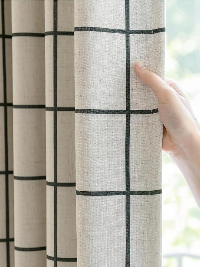 THREE GIRLS Plaid Pinch Pleated Curtains -Industrial Blackout Linen Buffalo Drapes, Thermal Insulated Window Panels for Gaming Room Boy's Room Home Theater, 102 Inches Long Black 2 Panels Set