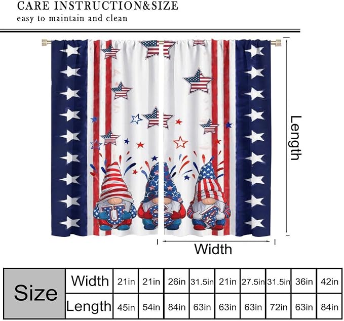 American Flag Curtains,4th of July Independence Day Stars Stripes Cute Gnome Print Drape for Bedroom Living Room Window Treatment 2 Panels Set Total Size 42" W X 45" L Inch