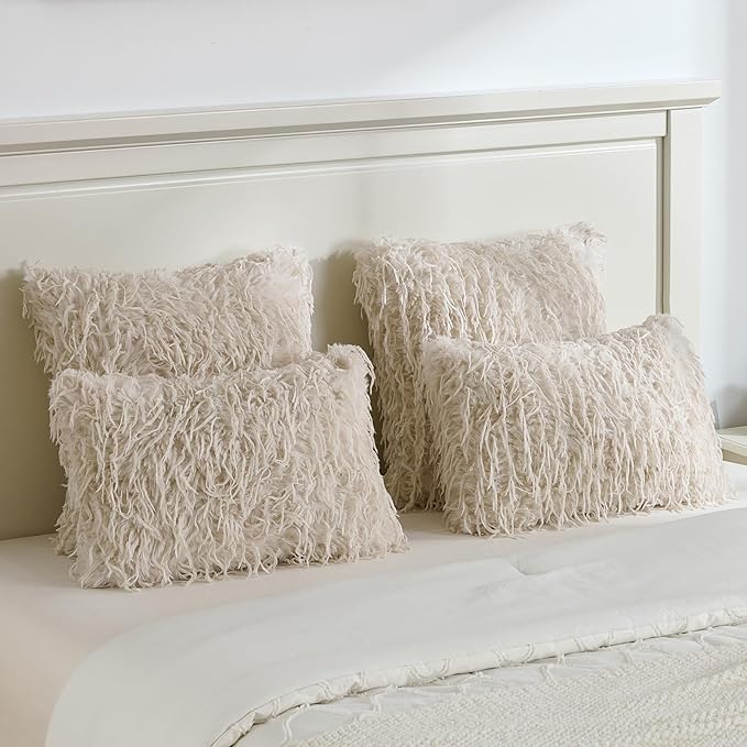 FUTEI Pack of 2 Faux Feather Plush Throw Pillow Covers 12x20 Inch Soft Fluffy Solid Farmhouse Decorative Lumbar Pillowcases Modern Luxury Accent for Couch Bed Living Room, Beige
