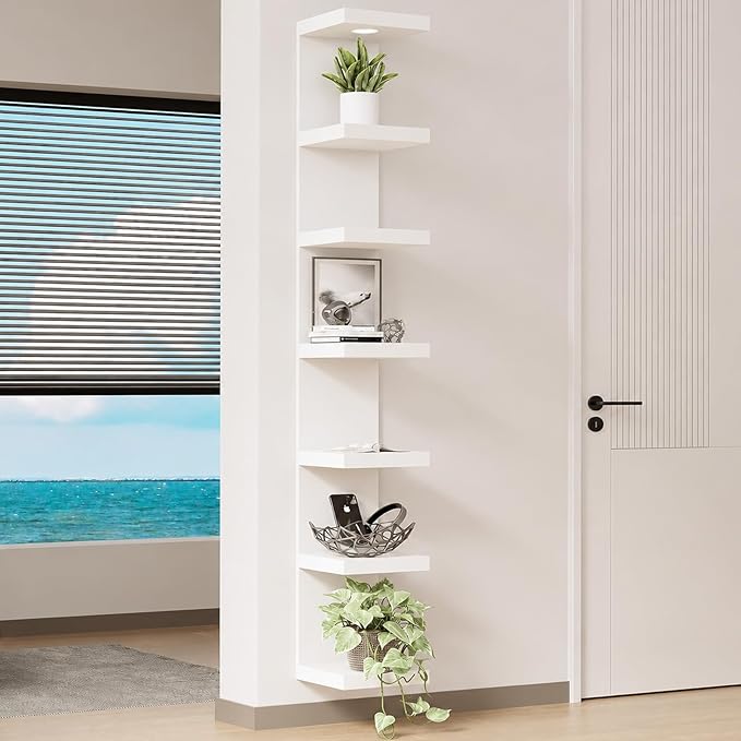 LitaEther Versatile 7 Tier Wall Shelf Unit,White Lack Wall Shelf,Display Floating Shelf with LED Remote Control Light